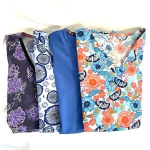 4 Divine Stretch* Scrub Top Large Multicolor Floral Solid Pockets Medical Dental